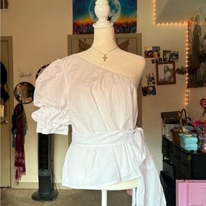 Women’s One-Shoulder White Puff Sleeve Tie-Waist Top